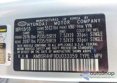 2013 Hyundai Santa Fe Limited z USA, uszkodzony, nr VIN KM8SR4HF9DU033359